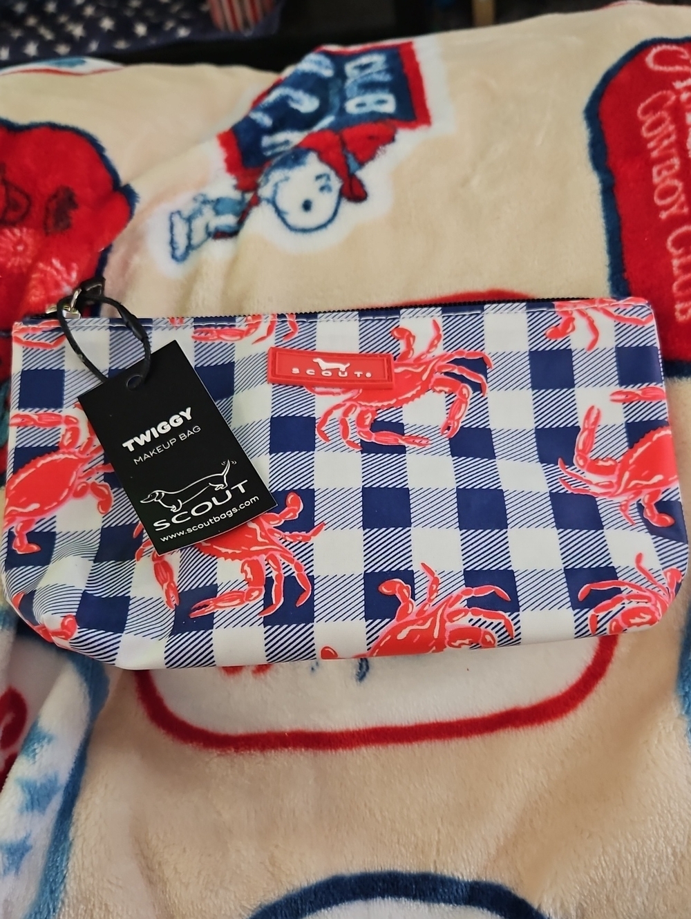 Scout Navy and White Gingham Makeup Bag with Red Crab Print